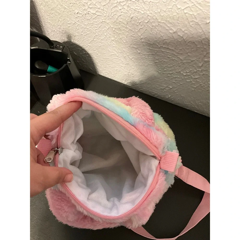 Kids Rainbow Tie Dye Faux Fur Unicorn Crossbody Bag Plush Tote Handbag Pink‎